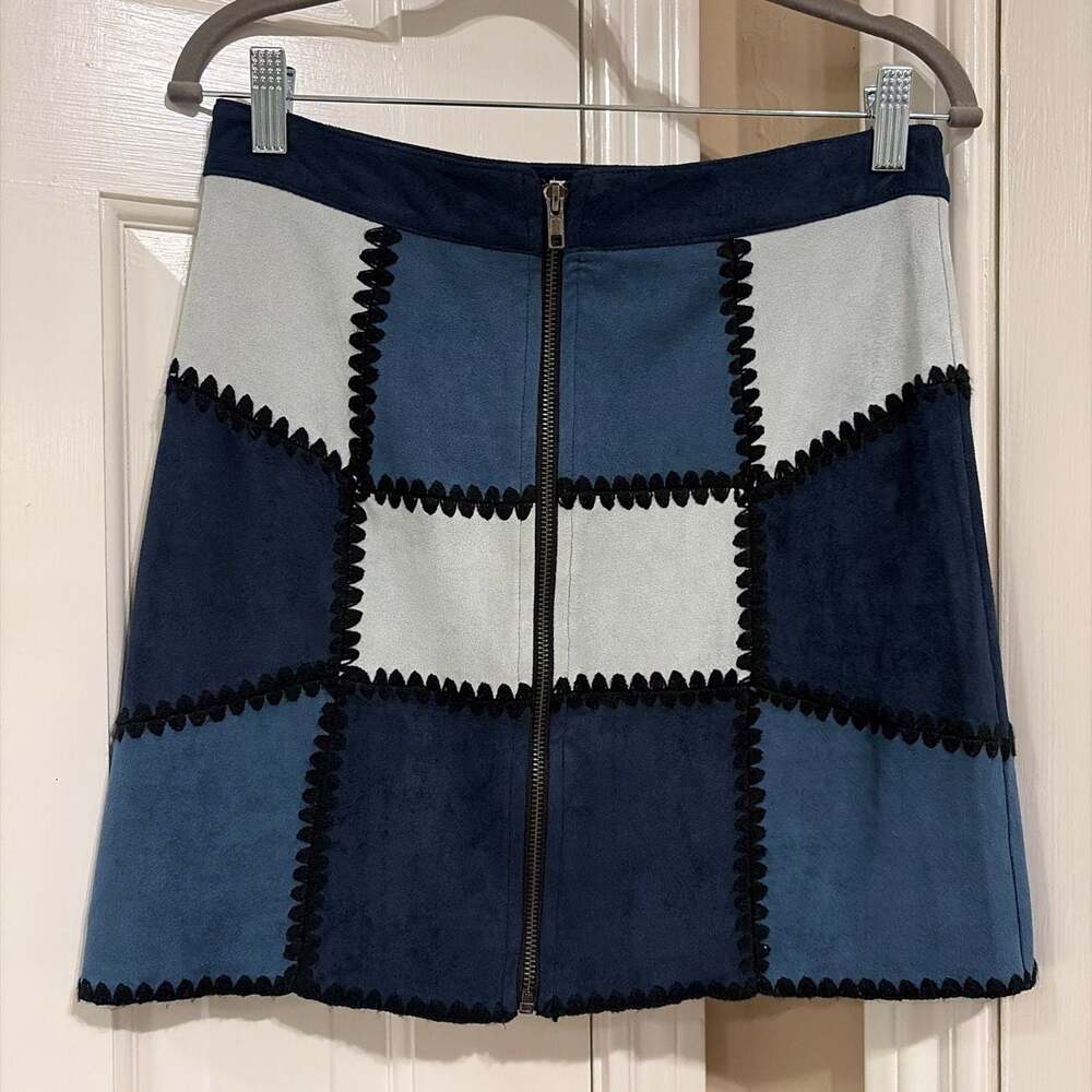 Sugarlips Blue Patchwork Faux Suede Zip-Up Mini Skirt Size S S2202